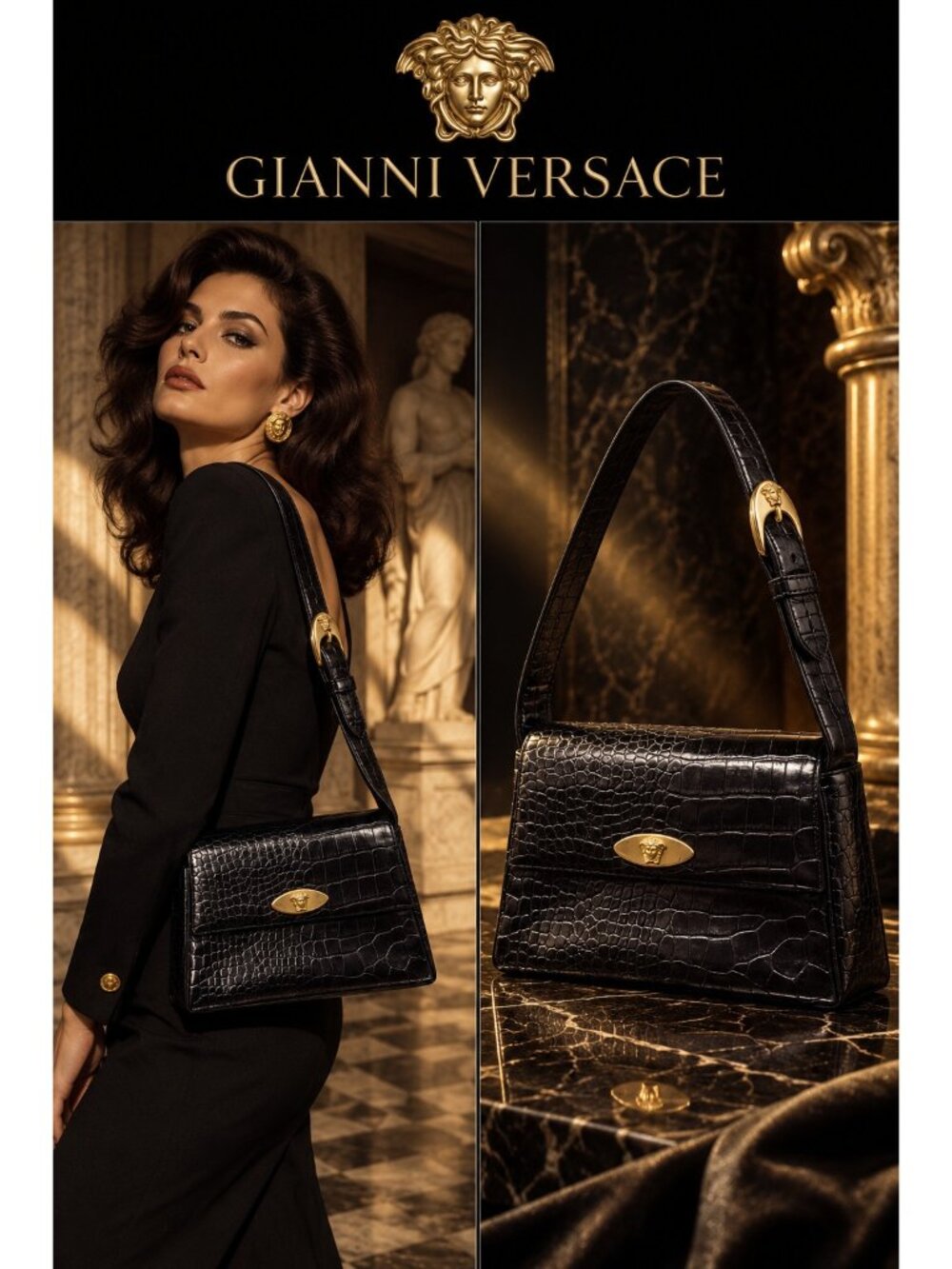 Vintage Gianni Versace Classic Black Croc Embossed Leather Medusa Shoulder Bag